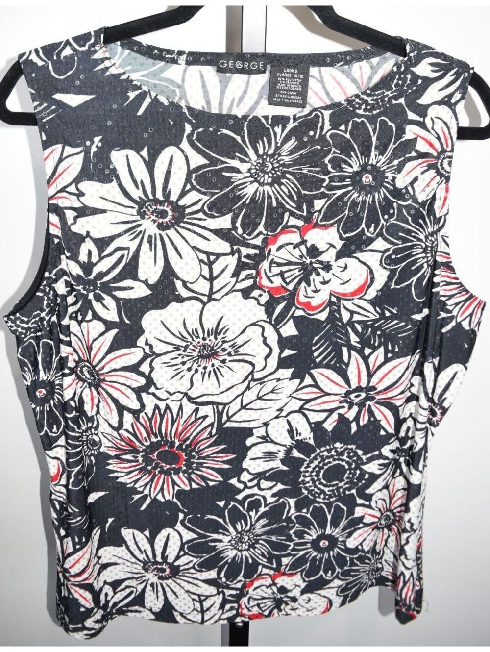 George Sequin Trim Floral Print Sleeveless Top, Black White Red, Size XL (16/18)